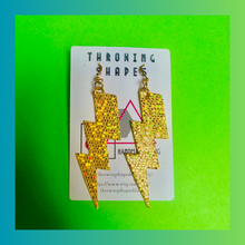 Load image into Gallery viewer, The Sparkly Bowie lightning bolt earrings inspired by the iconic David Bowie in Ziggy Stardust, By Throwing Shapes Bling