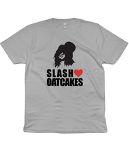Load image into Gallery viewer, Introducing the Slash Loves Oatcakes Tshirt: A Tribute to the Legendary Guitarist and Stoke-on-Trent&#39;s Delightful Delicacy!
