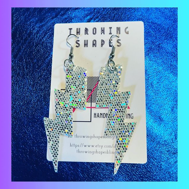 The Sparkly Bowie lightning bolt earrings inspired by the iconic David Bowie in Ziggy Stardust, By Throwing Shapes Bling
