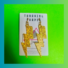 Load image into Gallery viewer, The Sparkly Bowie lightning bolt earrings inspired by the iconic David Bowie in Ziggy Stardust, By Throwing Shapes Bling
