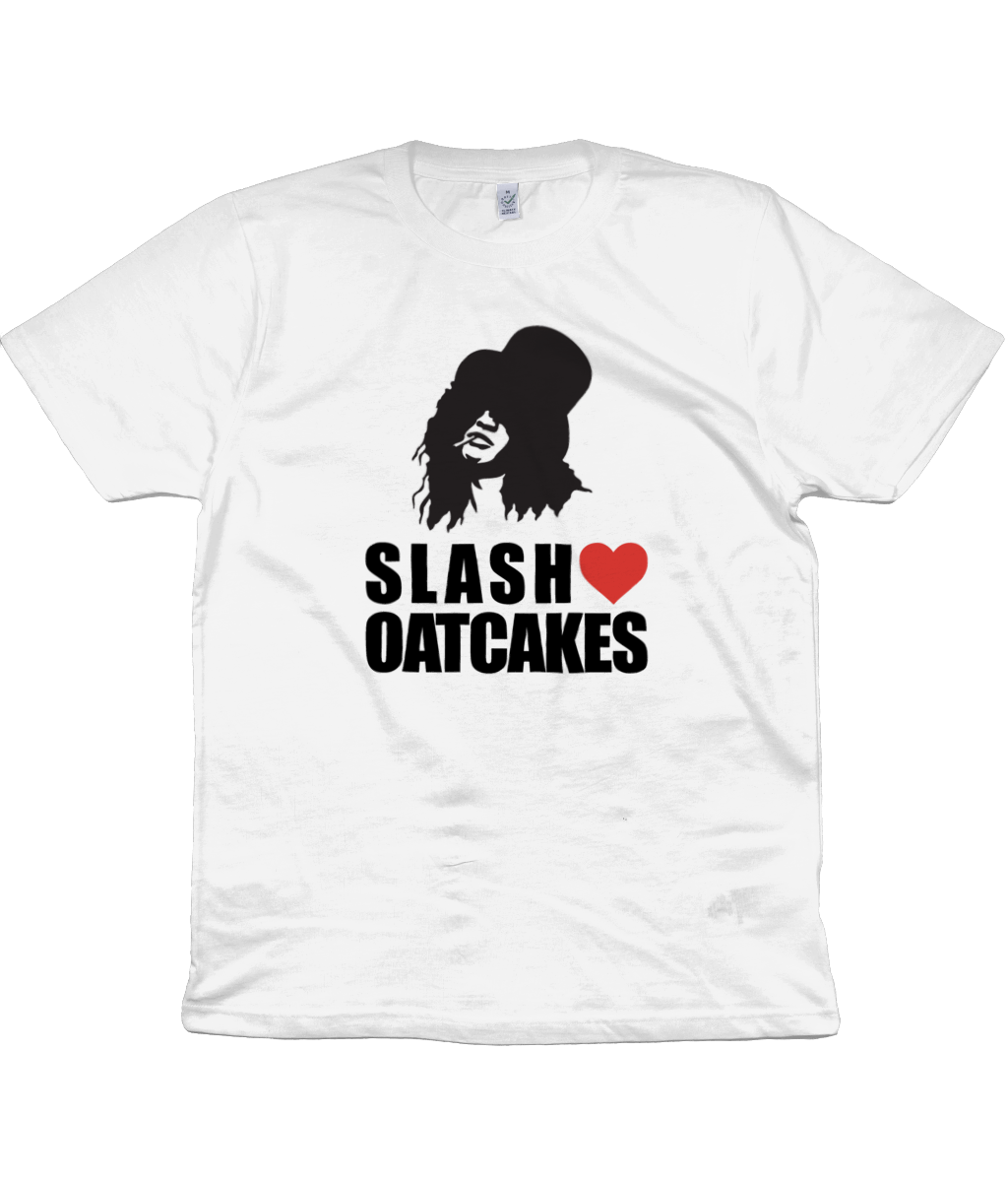 Introducing the Slash Loves Oatcakes Tshirt: A Tribute to the Legendary Guitarist and Stoke-on-Trent's Delightful Delicacy!