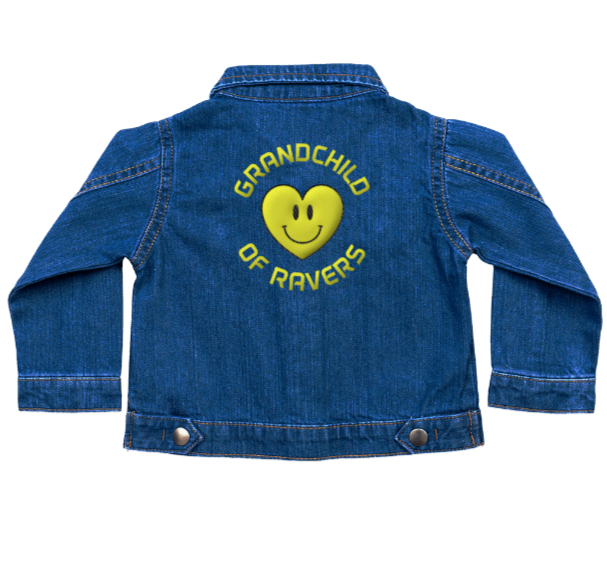 Organic Cotton Embroidered Denim Jacket, Grandchild of Ravers!